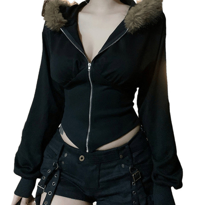 Damen Kurzgeschnittene Kapuzenjacke mit figurformender Rippen‑Corsage und durchgehendem Reißverschluss Echo Archiv