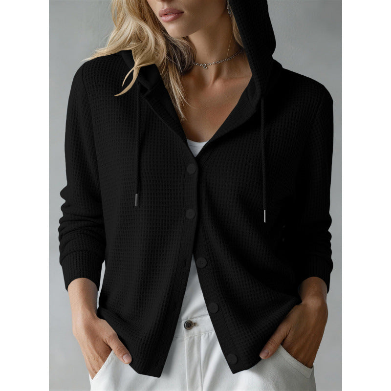 Damen Kapuzen-Strickjacke mit Waffelstruktur und Knopfleiste Echoarchiv