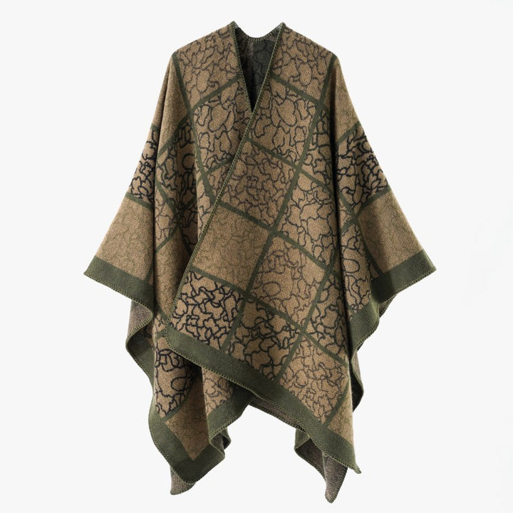 Damen Cape‑Überwurf aus Wollmix mit grafischem Karo‑Jacquard und offener Kimono‑Silhouette – Montévia