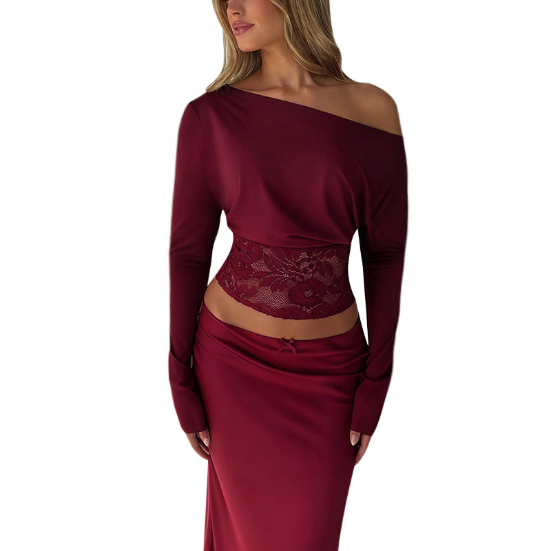 Damen Cropped-Top mit Fledermausärmeln und Spitzen-Taillenband – Avérine