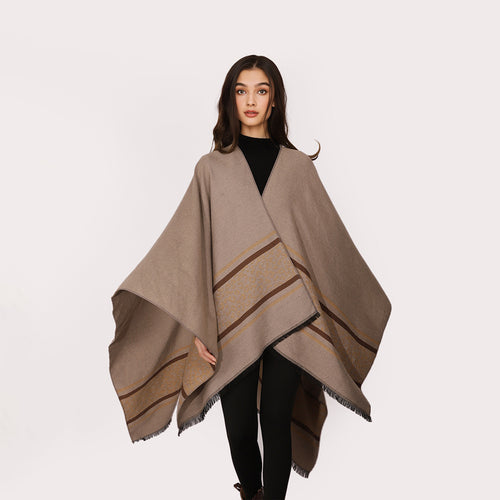 Damen Kimono-Cape im Wickelstil mit Animalbordüre und Fransenabschluss – Avérine