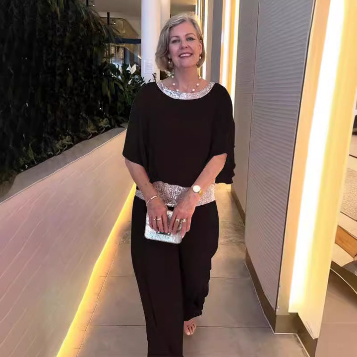 Damen Elegantes Abendzweiteiler mit Chiffon-Cape und Palazzo‑Hose Echoarchiv