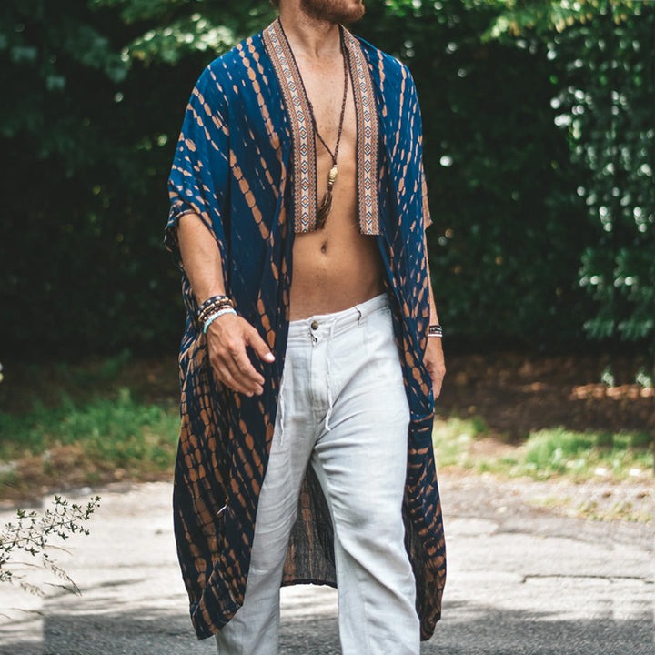Herren Langer Batik-Kimono aus leichter Viskose mit Ornamentbesatz Echoarchiv
