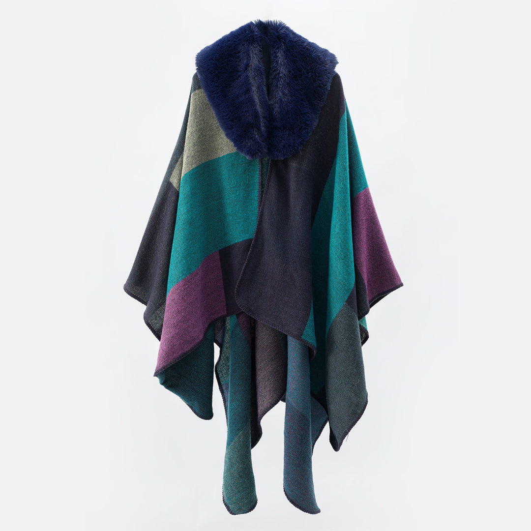 Damen Oversize-Capeponcho mit Kunstfellkragen und Colorblock-Jacquard Echo Archiv