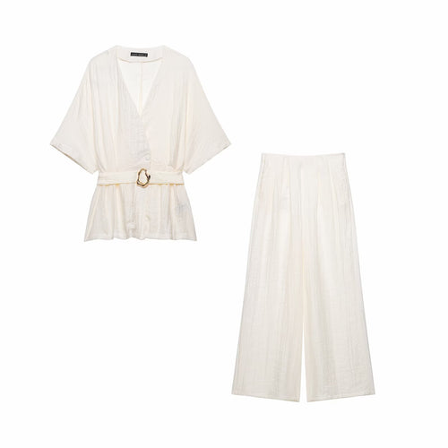 Damen Zweiteiler Kimono-Top mit Taillengürtel und weiter Bundfaltenhose Echo Archiv