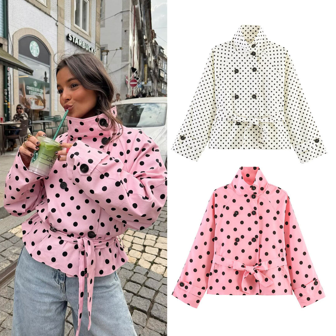 Damen Kurz geschnittener Regenmantel mit Polka-Dot-Muster und Bindegürtel Echo Archiv