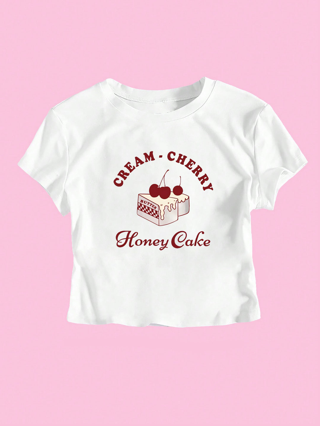 Damen Crop-T-Shirt mit kreativem Dessert-Motiv und modernem Schnitt Echo Archiv