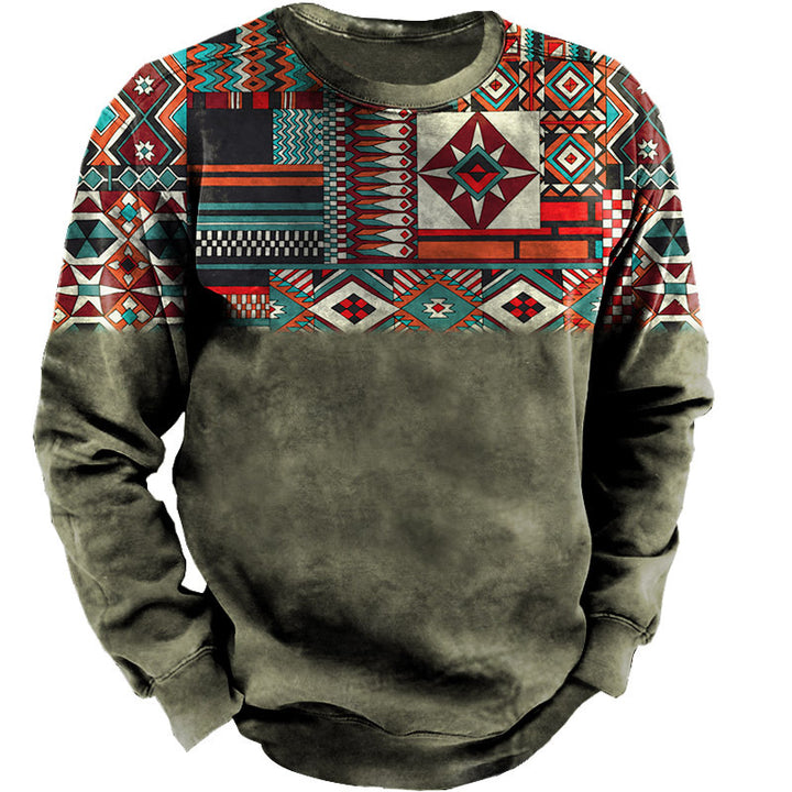 Herren-Sweatshirt mit ethnischem Blockdruck, Vintage-Fade-Effekt und Rundhalsausschnitt – Norvane