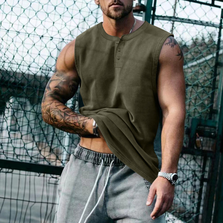 Herren ärmelloses Henley-Shirt mit dekorativen Knöpfen und lässigem Schnitt Echoarchiv