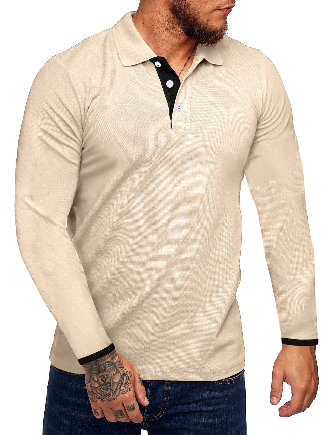 Herren Langarm-Polohemd mit kontrastierenden Knopfdetails Echoarchiv