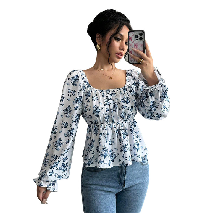 Damen geblümtes Carmen-Top mit geraffter Taillenlinie und Volant-Saum – Avérine
