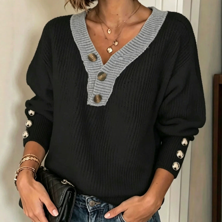 Damen Feinstrickpullover mit tiefem V-Ausschnitt, kontrastierter Knopfleiste und Zierknopf-Ärmeln – Mavelle