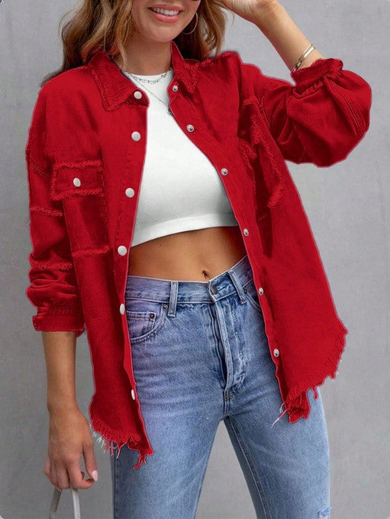 Damen Lässige Oversized-Denim-Hemdjacke mit Rohsaum und Pattentaschen Echo Archiv