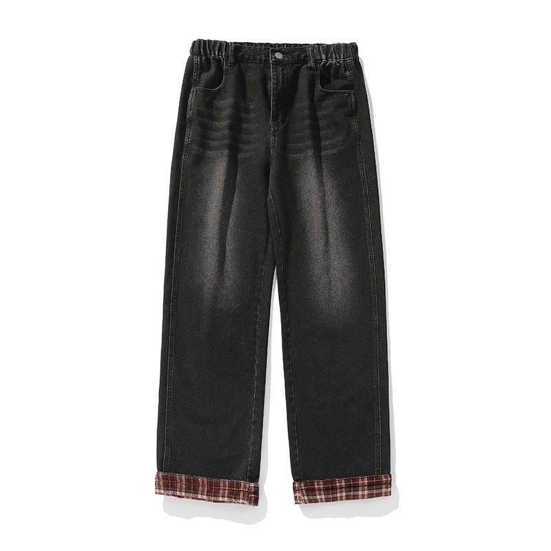 Damen Weite Denim-Palazzo-Hose mit elastischem Rüschbund und karierter Umschlagkante Echo Archiv