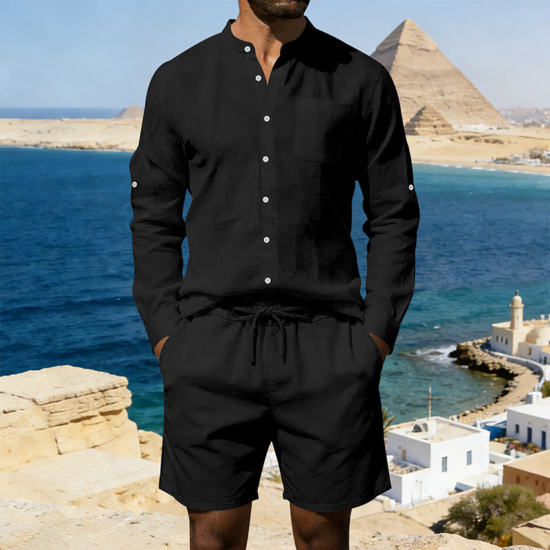 Herren nan sommerliches Leinen-Set mit Stehkragenhemd und Kordelzug-Kurzhose Echo Archiv