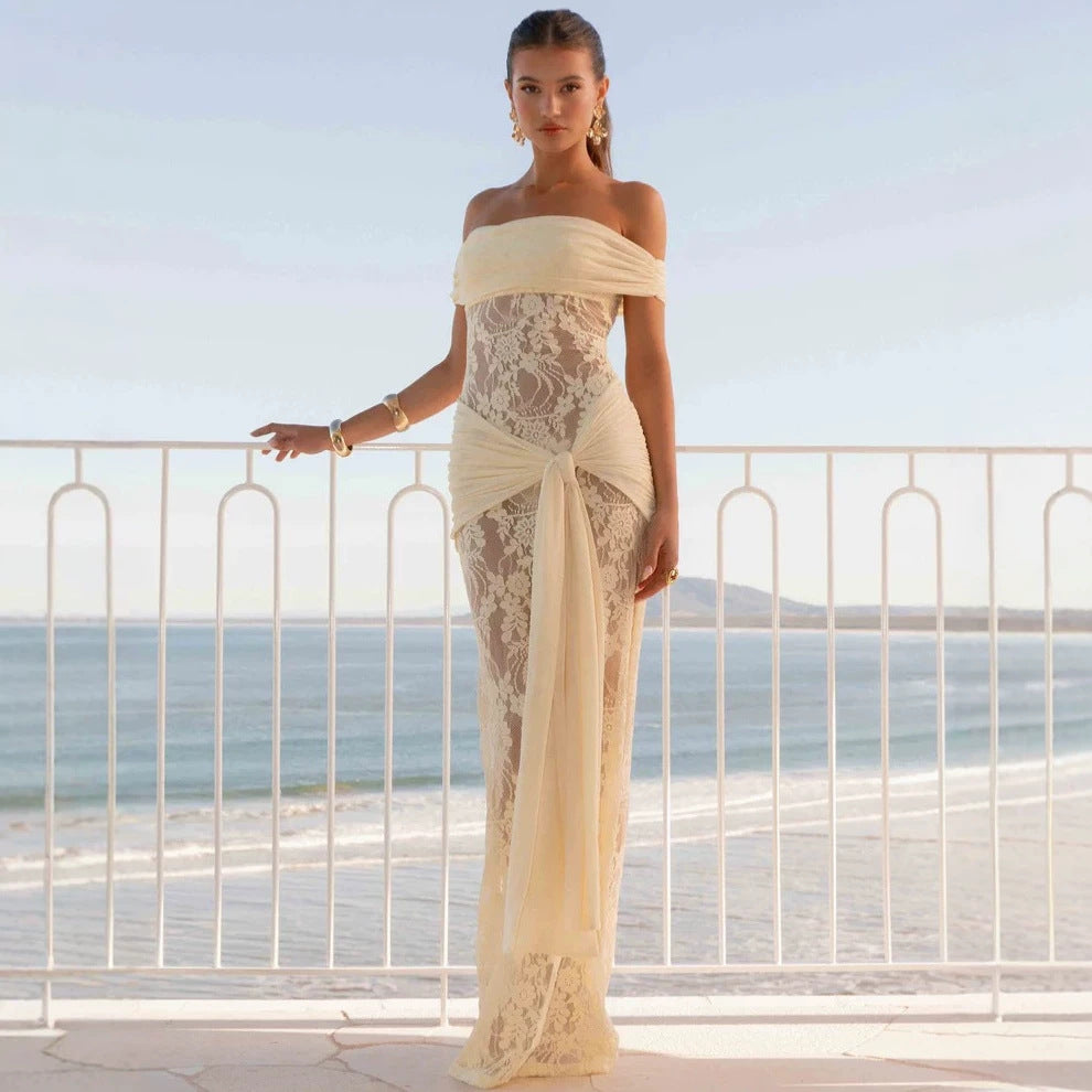 Damen Elegant drapiertes Spitzenkleid mit off-shoulder Design Echo Archiv