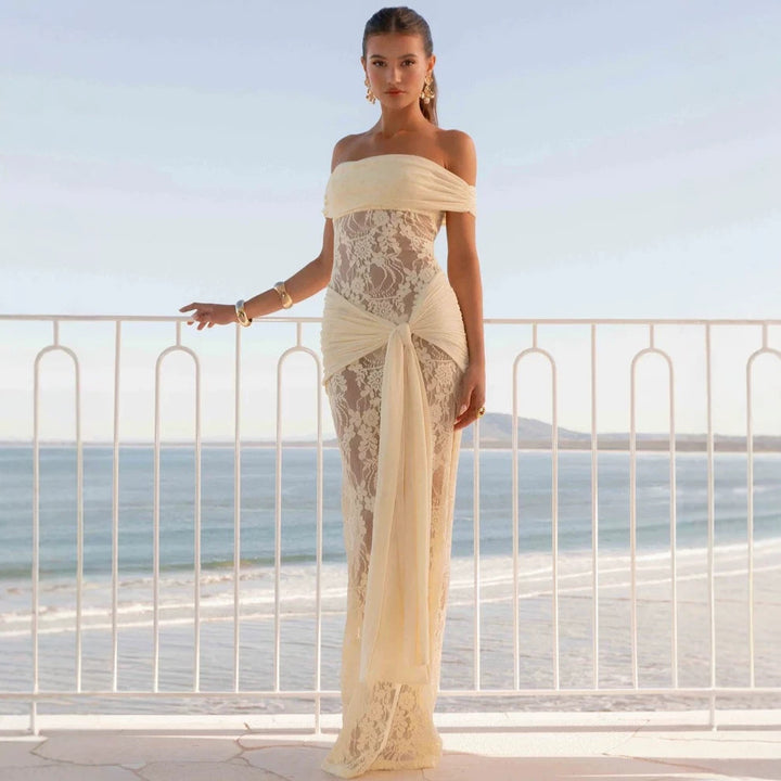 Damen Elegant drapiertes Spitzenkleid mit off-shoulder Design Echo Archiv