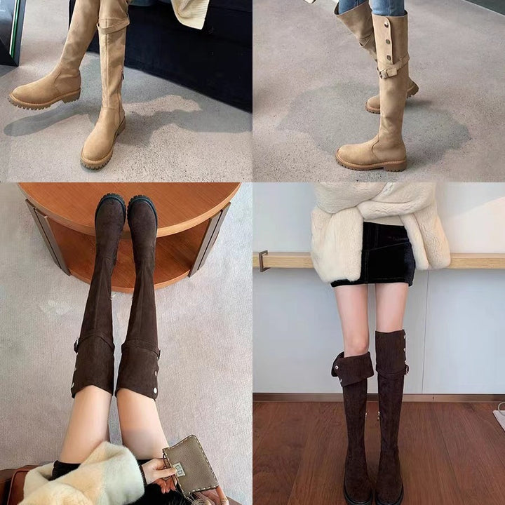 Damen Kniehohe Velours-Winterstiefel mit umklappbarer Schaftrand‑Fütterung und profilierter Lug‑Sohle Echo Archiv