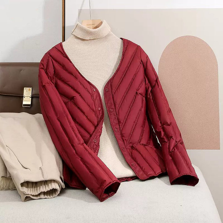 Damen Ultraleichte gesteppte Cardigan-Jacke mit V-Ausschnitt und Druckknopfverschluss Echoarchiv