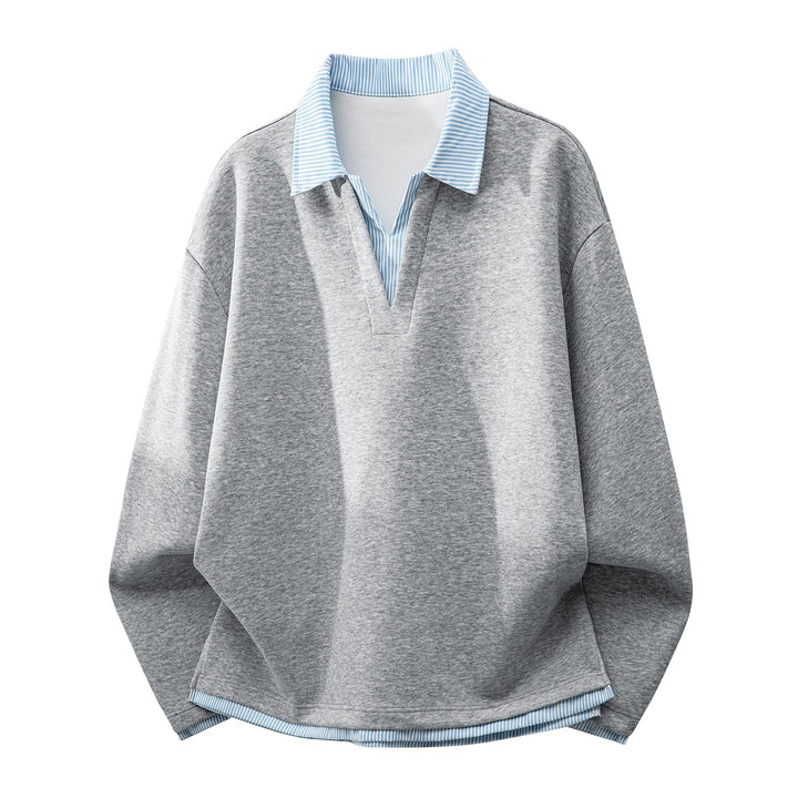 Unisex Oversize-Sweatshirt mit eingearbeitetem Hemdkragen und V-Ausschnitt-Detail Echoarchiv