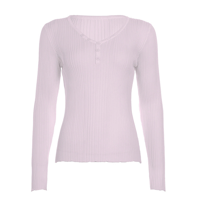 Damen nan feinstrukturierter Rippstrick-Longsleeve mit V-Ausschnitt, Henley-Knopfleiste und taillierter Passform Echo Archiv