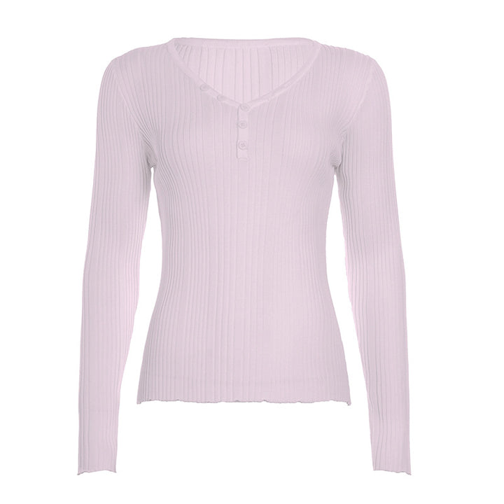 Damen nan feinstrukturierter Rippstrick-Longsleeve mit V-Ausschnitt, Henley-Knopfleiste und taillierter Passform Echo Archiv