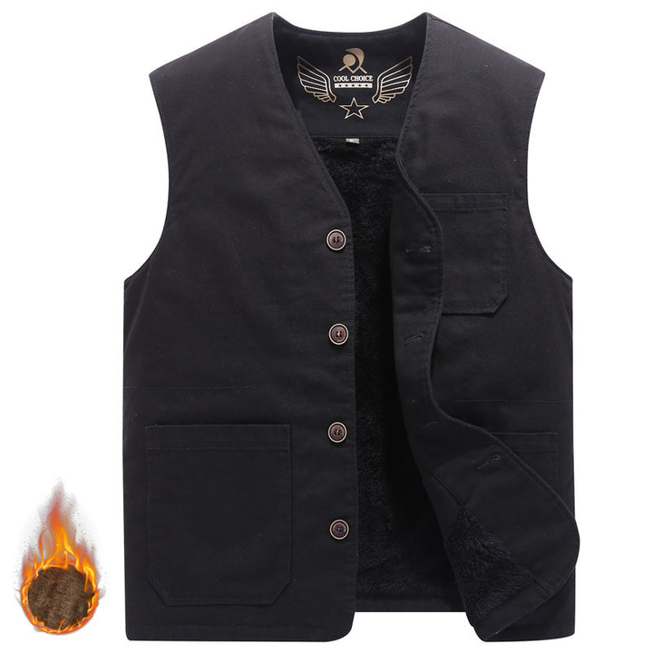 Herren Gefütterte Canvas-Weste mit durchgehendem Teddyfutter, Knopfleiste und aufgesetzten Taschen – Taviero