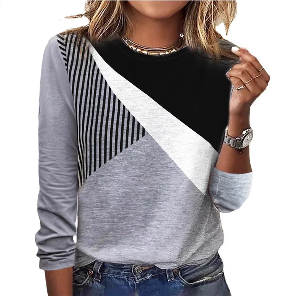 Damen Farbblock Langarmshirt mit schrägem Streifenmuster und Rundhalsausschnitt Echoarchiv