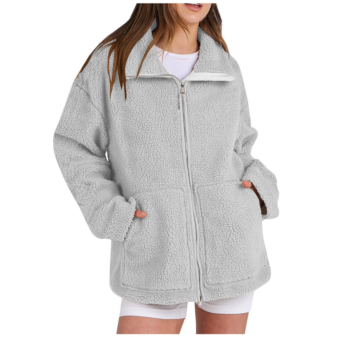 Damen nan oversized Teddyfelljacke mit Stehkragen Reißverschluss und aufgesetzten Taschen Echo Archiv