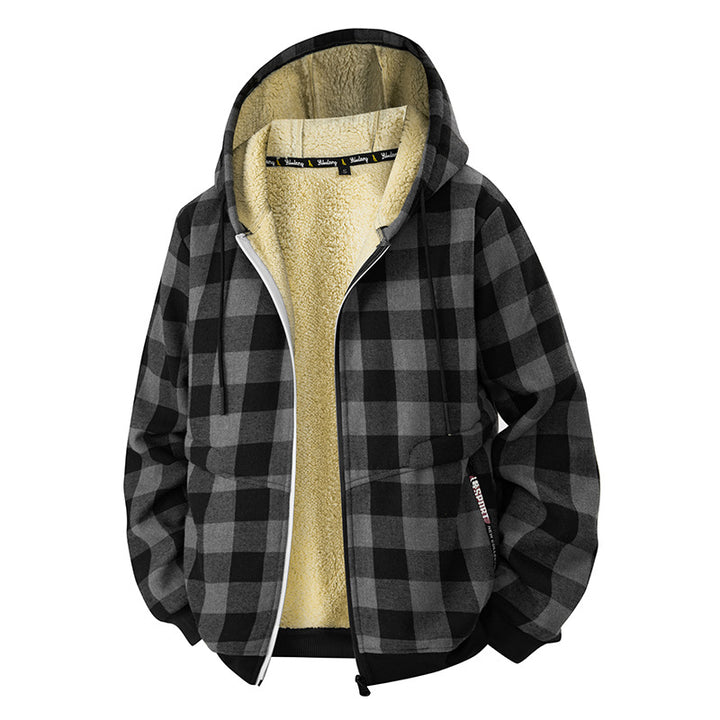 Herren karierter Teddy-Fleece Kapuzenjacke mit Sherpa-Futter und Reißverschluss – Taviero