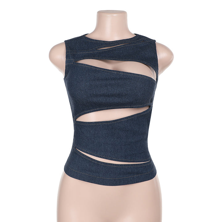 Damen figurbetontes Denim-Top mit asymmetrischen Cut-Outs und stylischem Design Echo Archiv