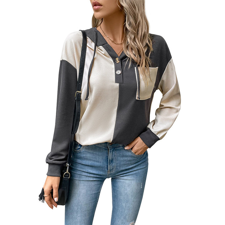 Damen Lässiges Colorblock-Hoodie-Henley mit Waffelstruktur und Brusttasche Echoarchiv