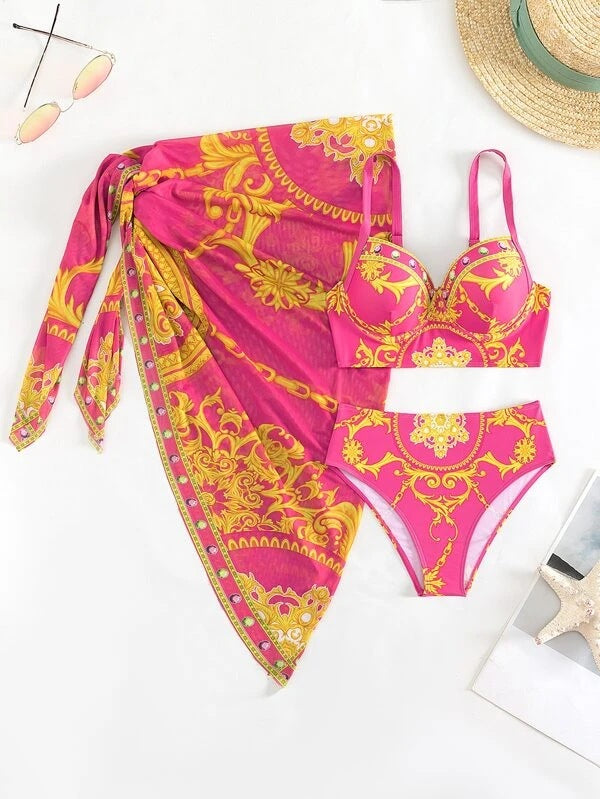Damen Bikini-Set mit elegantem Mustermix und transparenter Strandtunika Echo Archiv