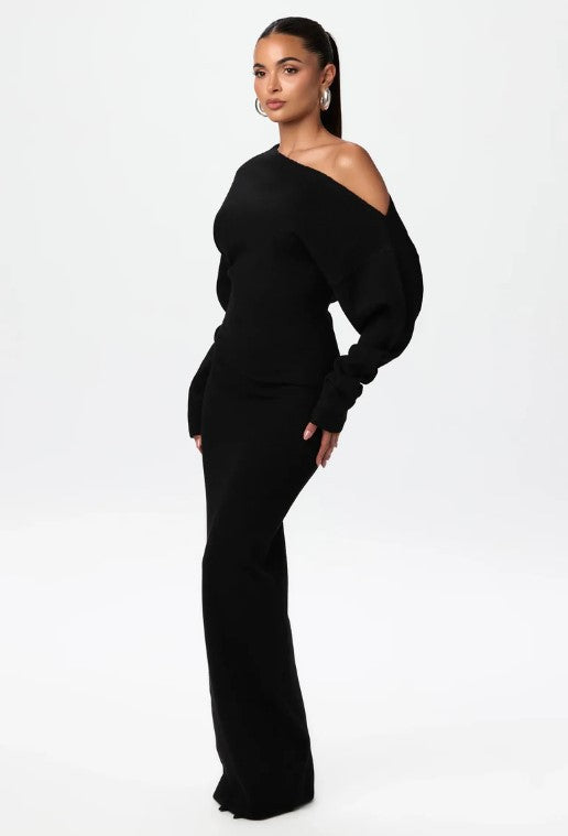 Damen One-Shoulder Maxi Strickkleid mit Übergroßen Ärmeln Echoarchiv