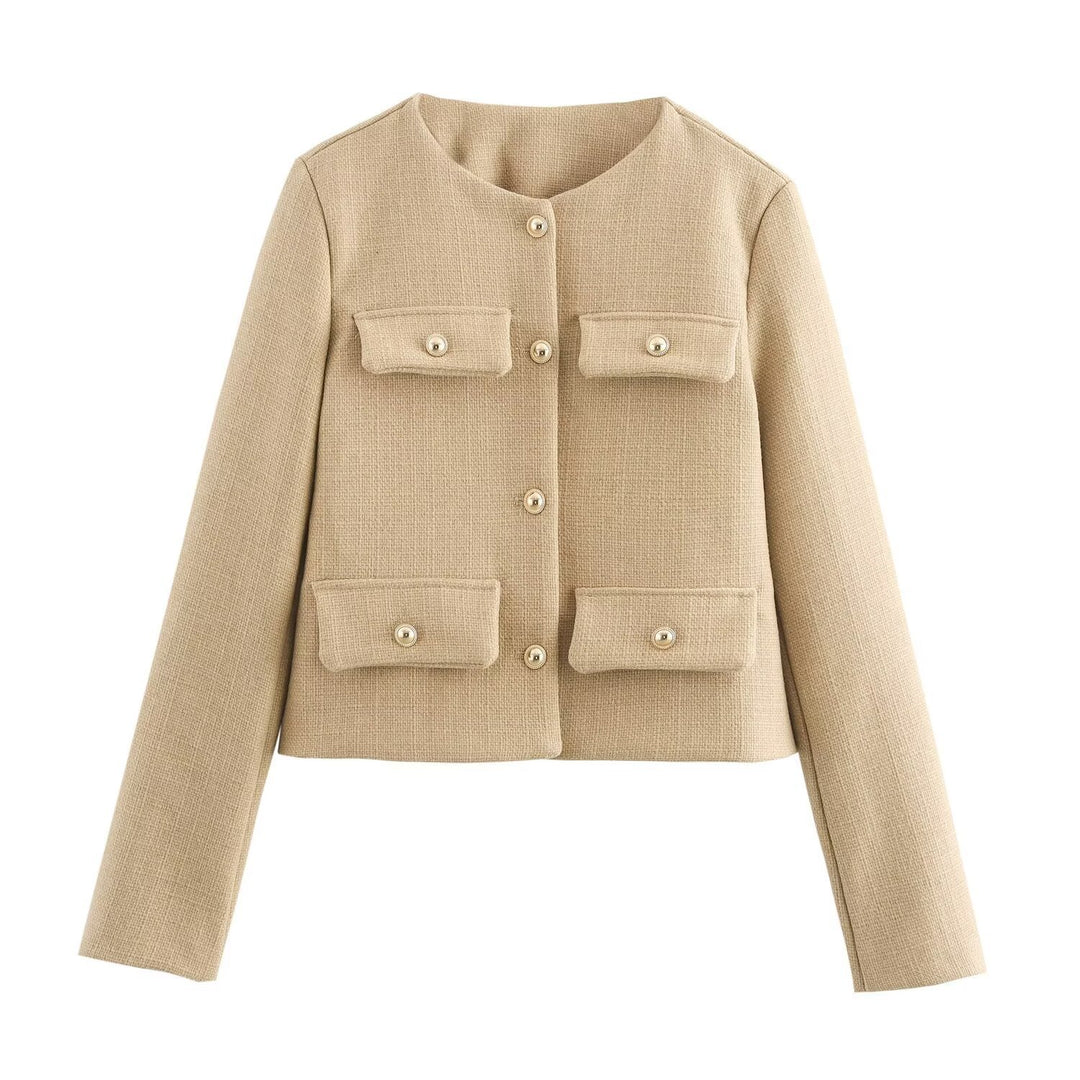 Damen Kurze Bouclé-Blazerjacke mit Rundhalsausschnitt, Zierleistentaschen und goldfarbenen Knöpfen Echo Archiv