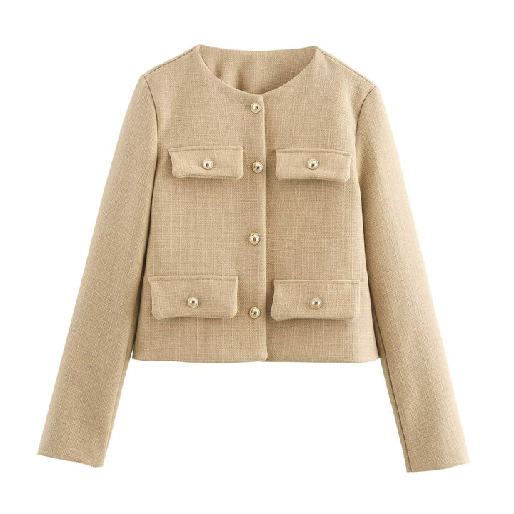 Damen Kurze Bouclé-Blazerjacke mit Rundhalsausschnitt, Zierleistentaschen und goldfarbenen Knöpfen Echo Archiv