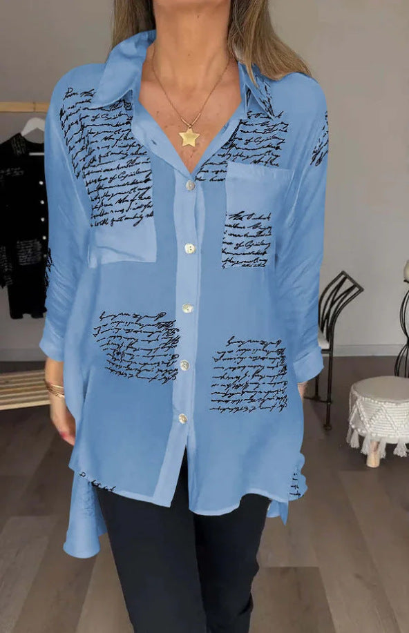 Damen Oversize Hemd Bluse aus leichtem Chiffon mit Text-Patch-Druck und aufgenähter Brusttasche Echoarchiv