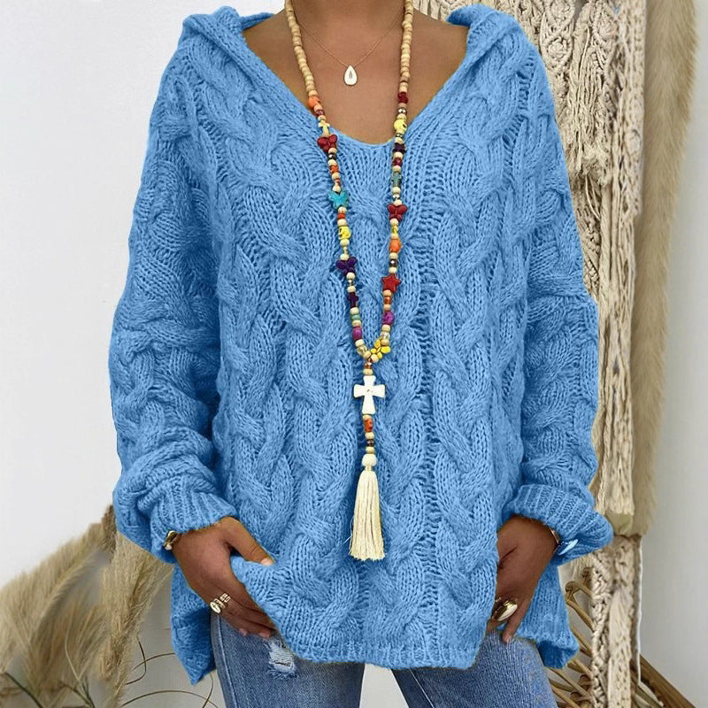 Damen Oversized Zopfmuster-Strickpullover mit Kapuze und lässigem V‑Ausschnitt Echo Archiv