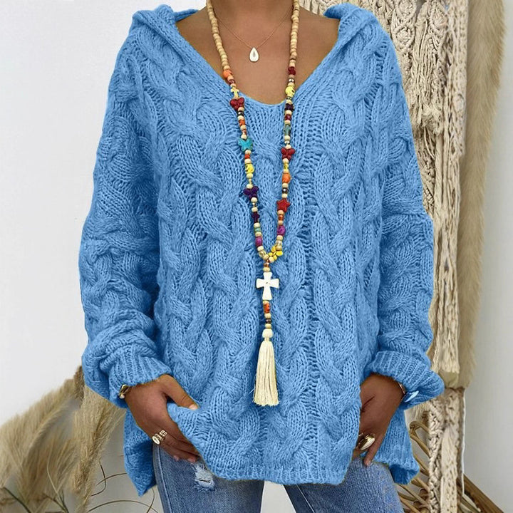 Damen Oversized Zopfmuster-Strickpullover mit Kapuze und lässigem V‑Ausschnitt Echo Archiv