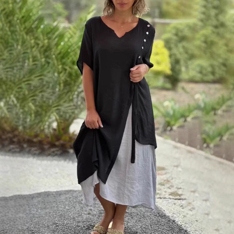 Damen nan zweilagiges Lagenkleid mit asymmetrischem Saum und Zierknopfleiste Echo Archiv