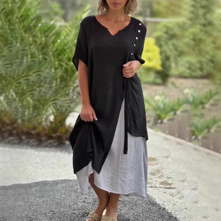 Damen nan zweilagiges Lagenkleid mit asymmetrischem Saum und Zierknopfleiste Echo Archiv