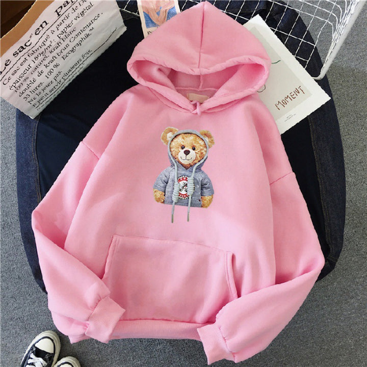 Unisex lässiger Oversize Kapuzenpullover mit Teddy-Frontprint, Kängurutasche und weichem Fleece-Innenfutter – Auréline