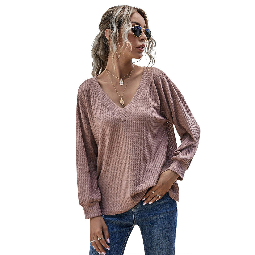 Damen Lockeres Waffelstrick-Longsleeve mit V-Ausschnitt und gerippten Bündchen Echoarchiv