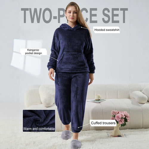 Damen Kuscheliges Teddy-Fleece Lounge-Set mit Kapuze und Kängurutasche – Auréline