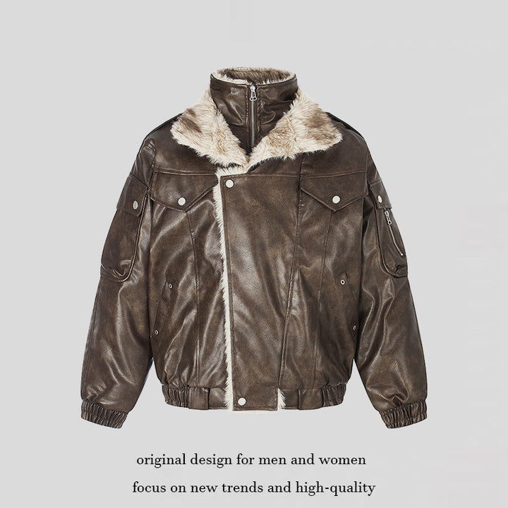 Damen Oversize Kunstleder-Fliegerjacke mit Teddyfutter und Stehkragen Echoarchiv