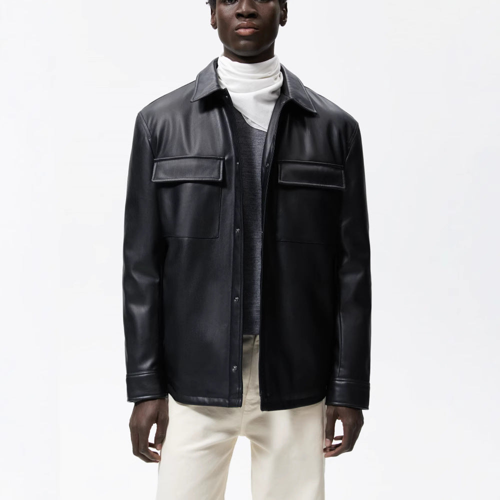 Herren Veganes Glattleder-Overshirt im Hemdjackenstil mit verdeckter Druckknopfleiste Echo Archiv
