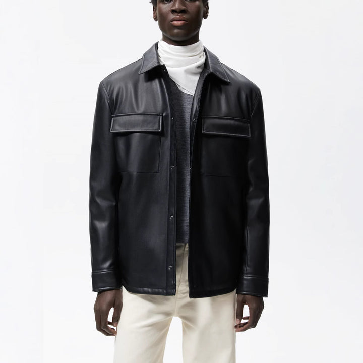 Herren Veganes Glattleder-Overshirt im Hemdjackenstil mit verdeckter Druckknopfleiste Echo Archiv