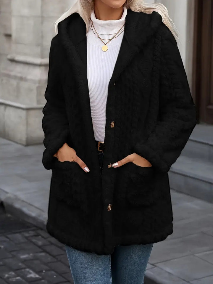 Damen Kuschelige Teddyjacke mit Kapuze, Knopfleiste und aufgesetzten Taschen Echo Archiv