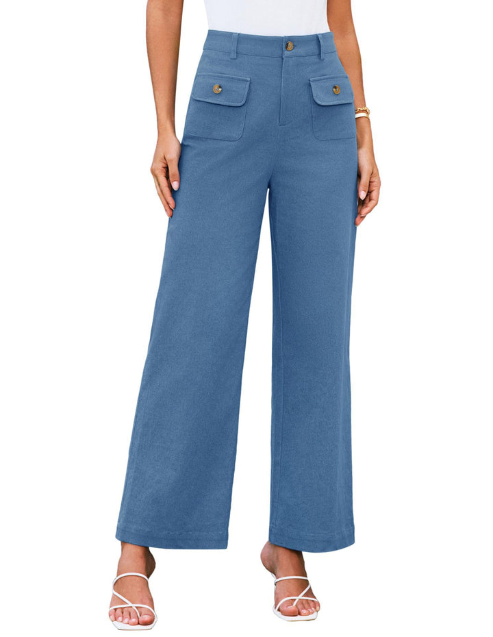 Hochtaillierte Damen-Trousers mit weitem Bein und Knopfklappen-Pattentaschen – Avélisse