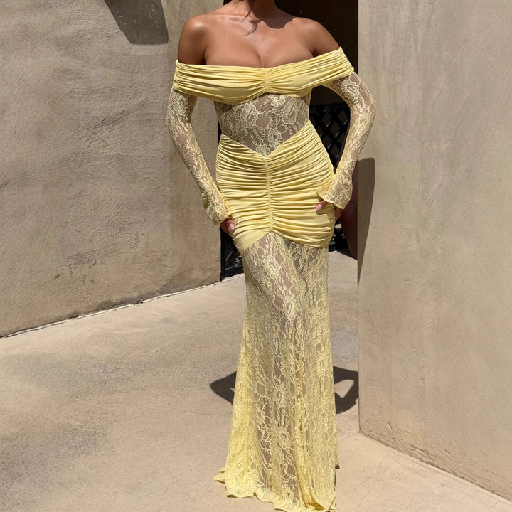 Damen Elegantes Spitzen-Maxikleid mit elegantem Off-Shoulder Design und Raffungen Echo Archiv